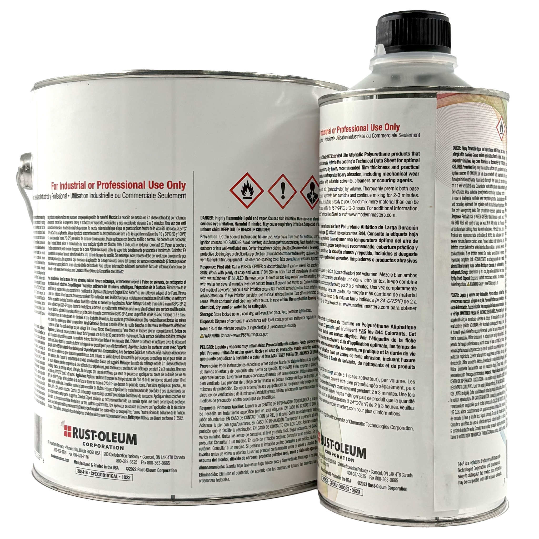 Two metal cans of Modern Masters Colorfast EX Topcoats, labeled with hazard warnings for industrial or professional use only. The colorfast EX acrylic/polyurethane coating comes in a large can with a handle and a small can with a screw cap.