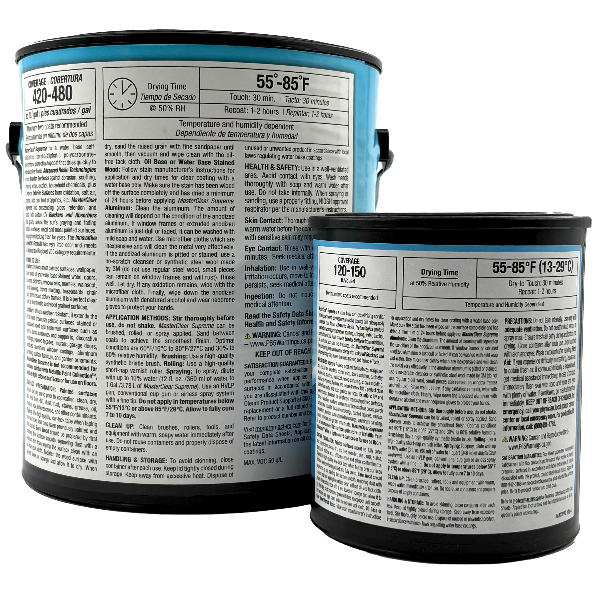 Two paint cans of Modern Masters - Masterclear Supreme with detailed bilingual labels showing safety warnings, instructions, drying times, and temperature guidelines. The larger can is a protective topcoat with self-crosslinking acrylic.