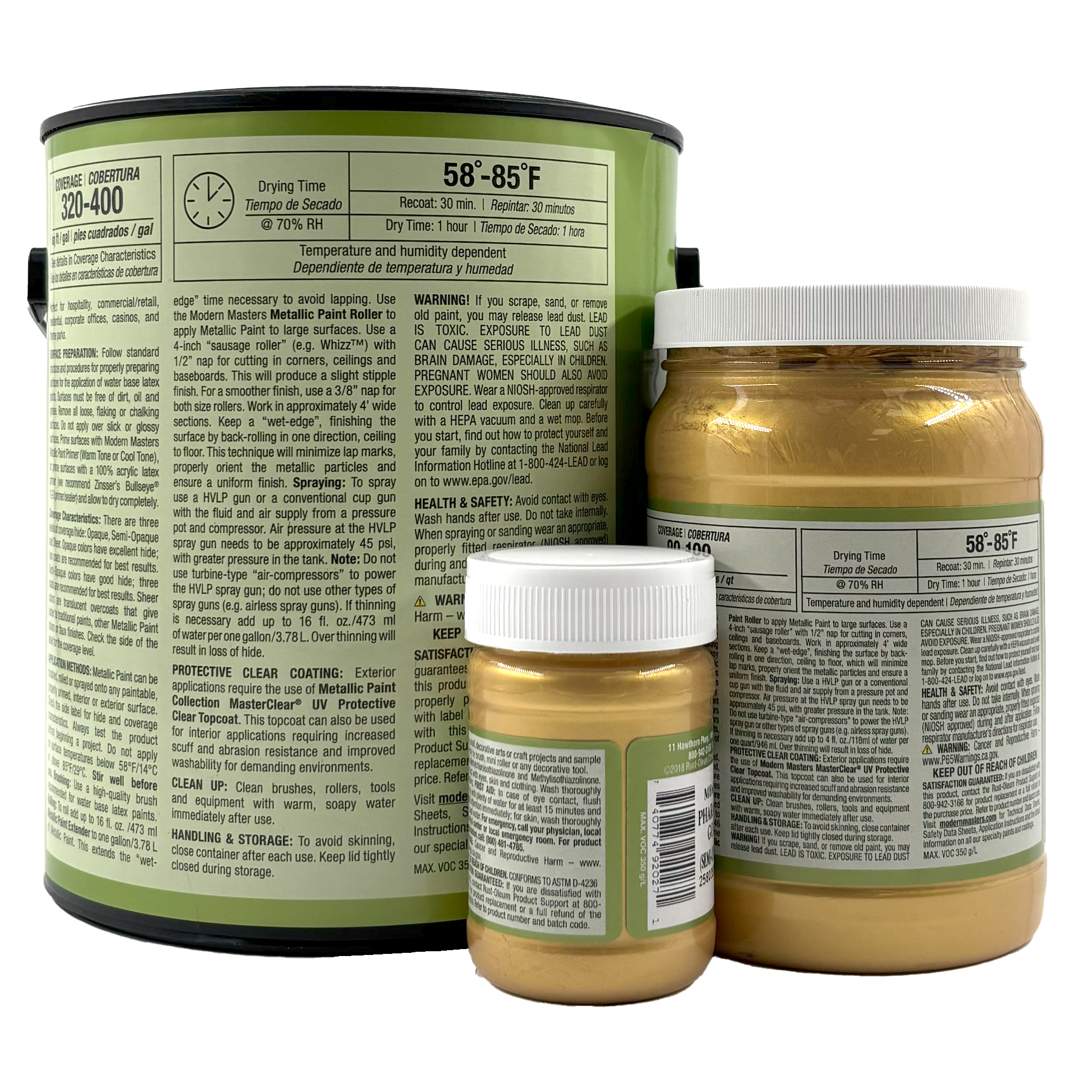 Three Modern Masters Metallic Paint gallon containers with green labels and black lids show instructions, warnings, and product info for a fifty-color palette of shimmering finishes.