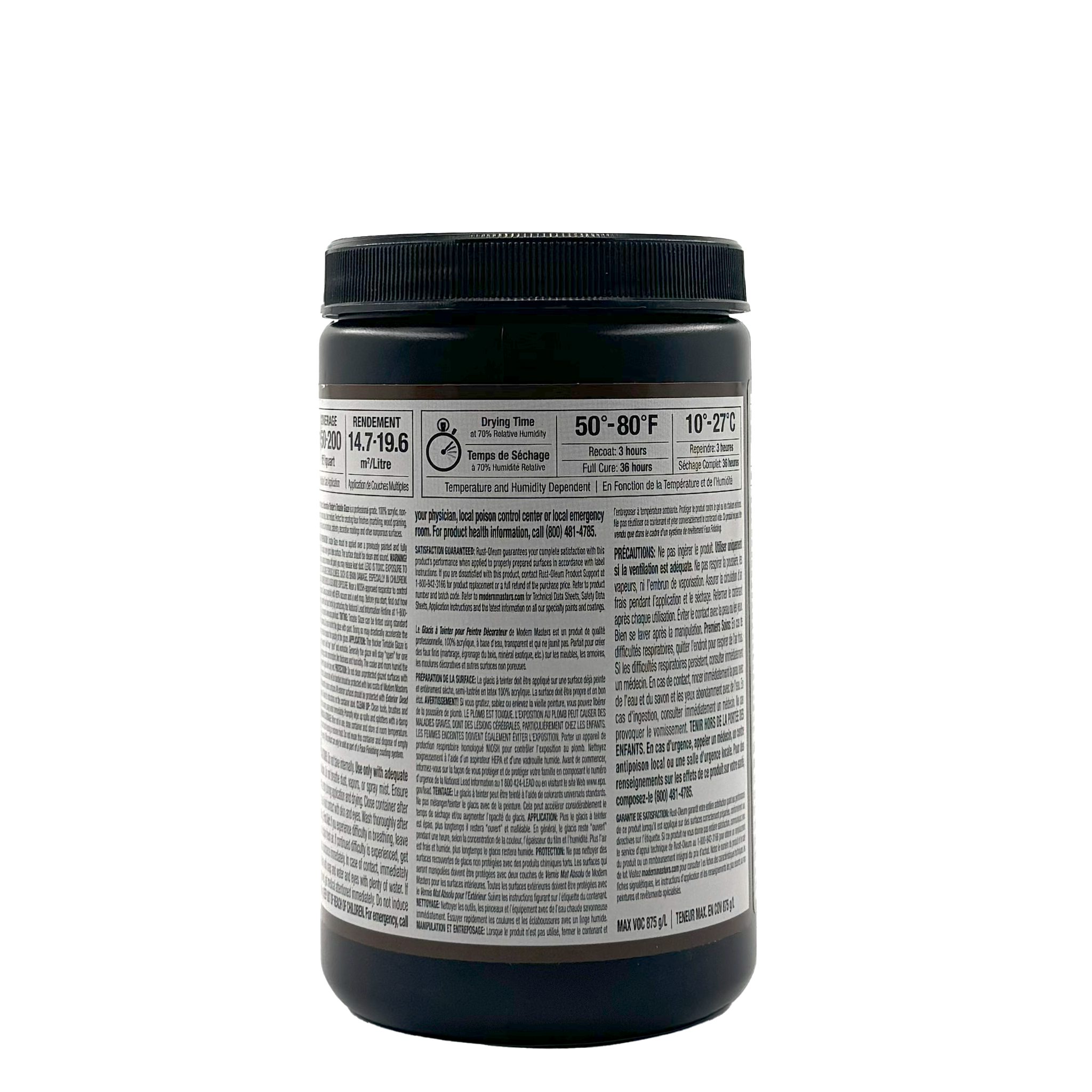 A black plastic container of Modern Masters - Tintable Glaze, viewed from the back, shows nutrition facts and instructions in black on a white label—perfect for achieving beautiful faux finish effects—set against a plain white background.