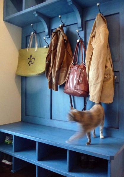 A blurry cat walks on a blue wooden bench finished with Modern Masters - Tintable Glaze in a mudroom, beneath coat hooks with jackets and a yellow tote. Shoes are neatly arranged on shelves below the bench.