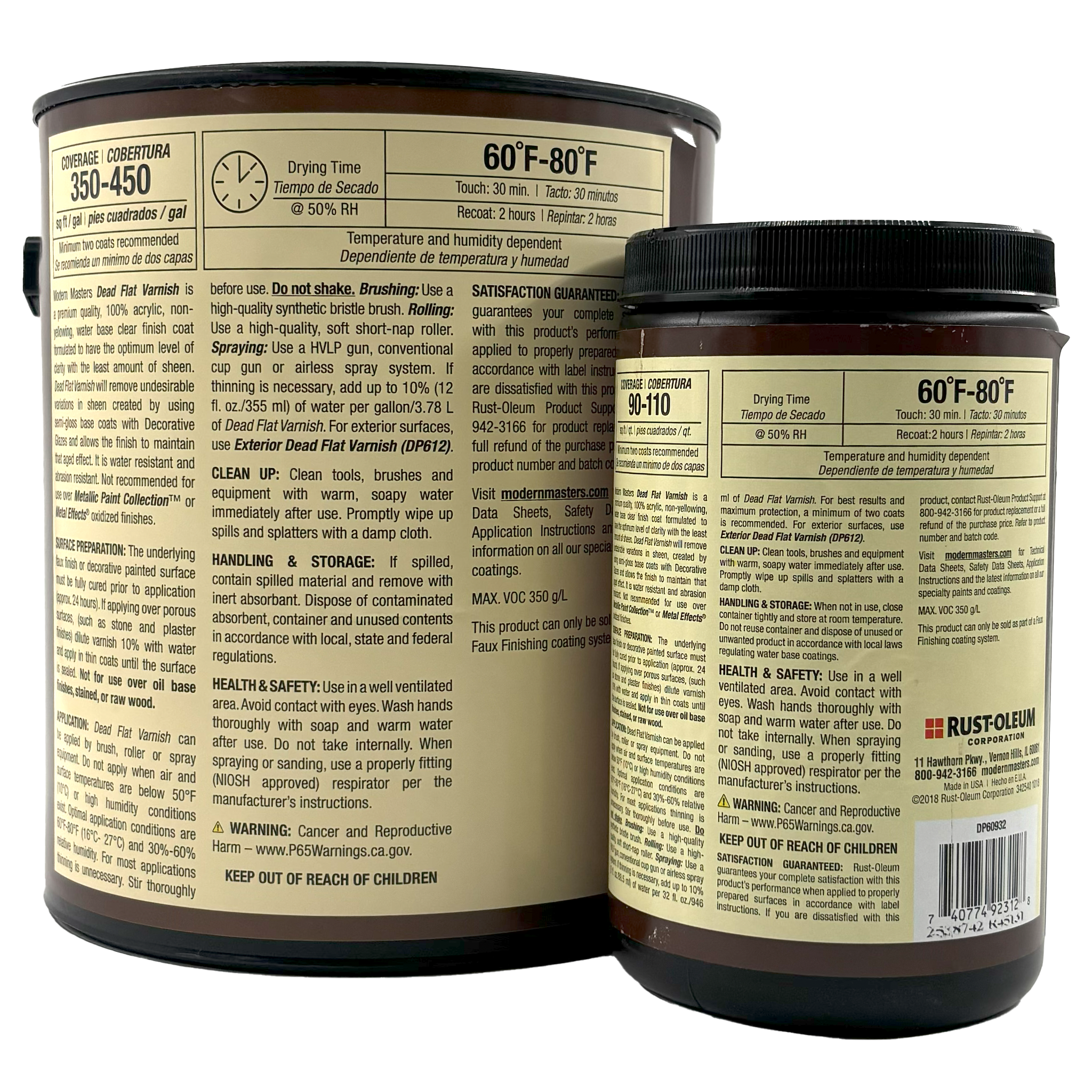 Two Modern Masters Interior Dead Flat Varnish cans, one large and one small, are shown with their backs to the camera. Labels display product info, including non-yellowing acrylic varnish instructions and technical details in English and Spanish.