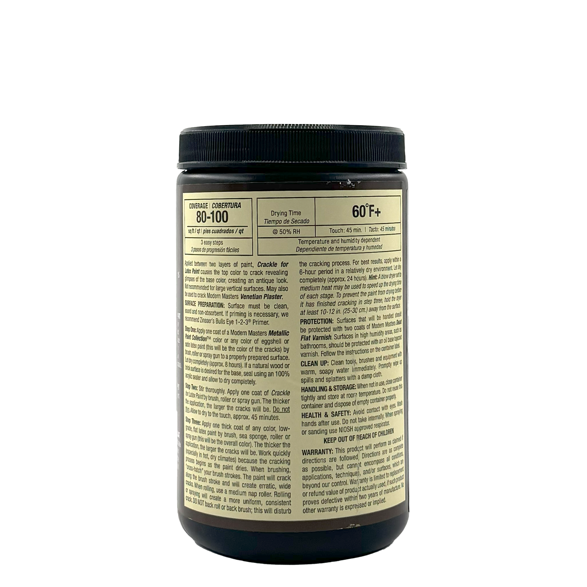 Modern Masters - Crackle for Latex Paint comes in a black plastic container with a beige label featuring instructions and warnings in small black text. It has a black lid and is perfect for creating an antique crackle effect on flat latex paint.