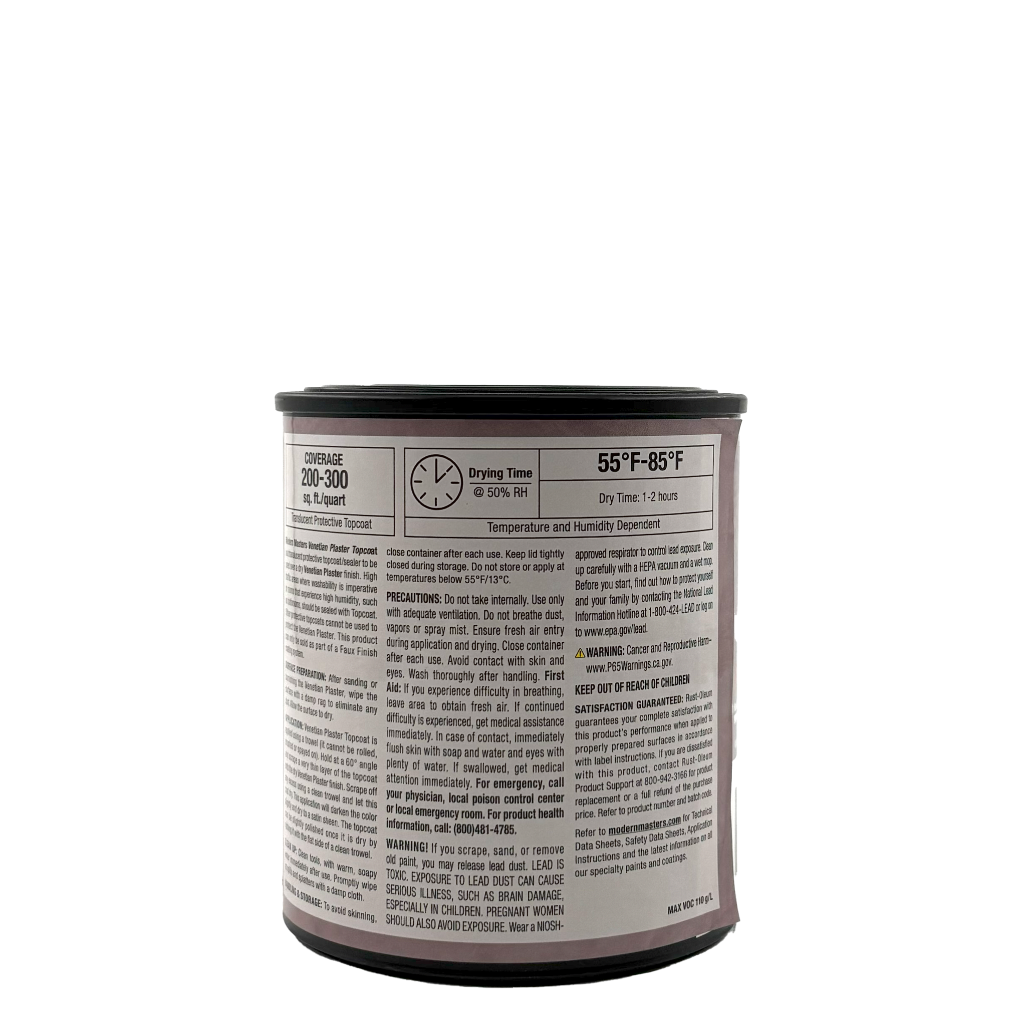 A can of Modern Masters - Venetian Plaster Topcoat with detailed label text—covering instructions, precautions, temperature advice, and drying time for a satin sheen finish—is displayed against a plain white background.